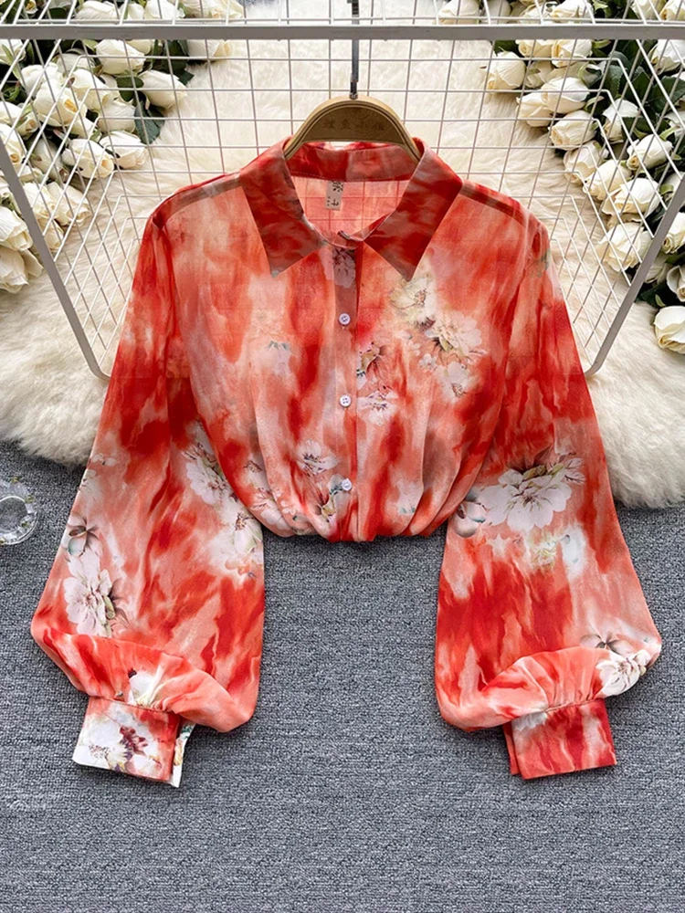 Spring Autumn Temperament Fashion Retro Chiffon Floral Blouses Print Loose Lapel Puff Sleeve Top Button Up Shirt Female A69