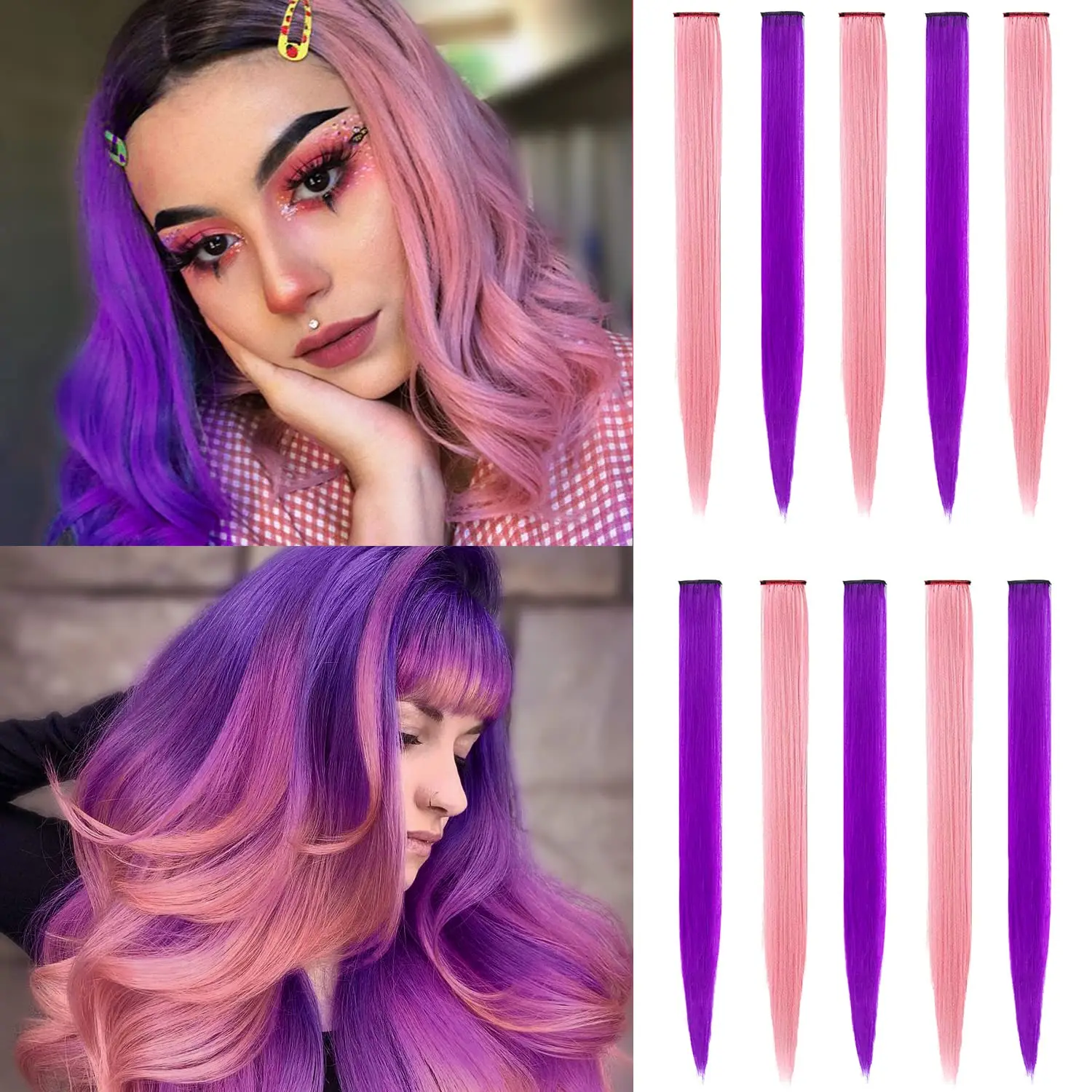 Highlights Clip On Hair Rainbow Synthetic Clip In Hair Extensions Ombre Colored Clip Hairpiece Colorful Clip Hair accessories