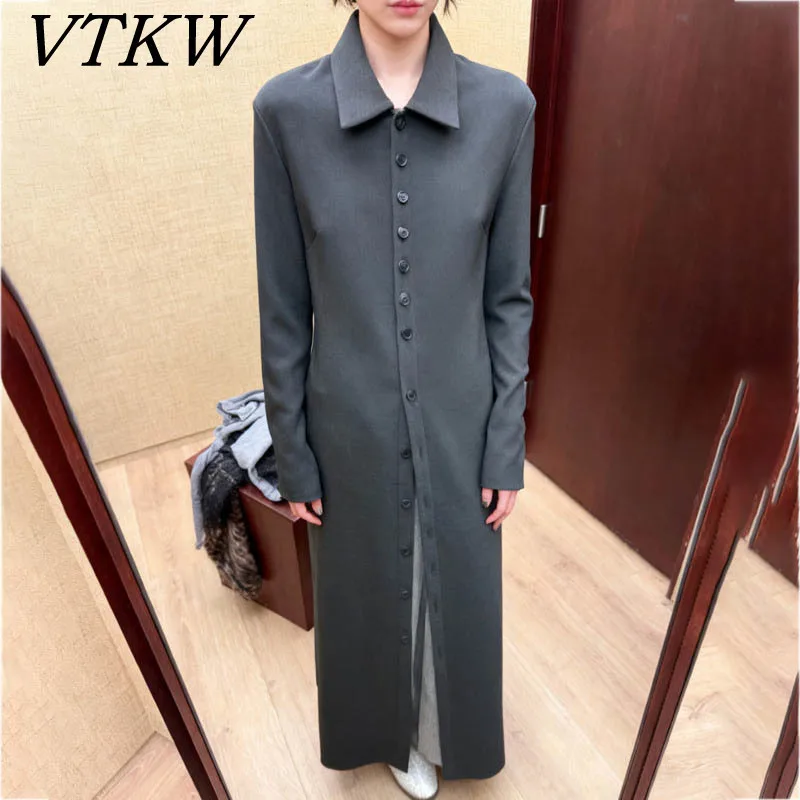 

VTKW Women's Spring 2025 Dark Gray Long Buttoned Coat Slim Collared Office Casual Lightweight Outerwear Fashion Longline Coat