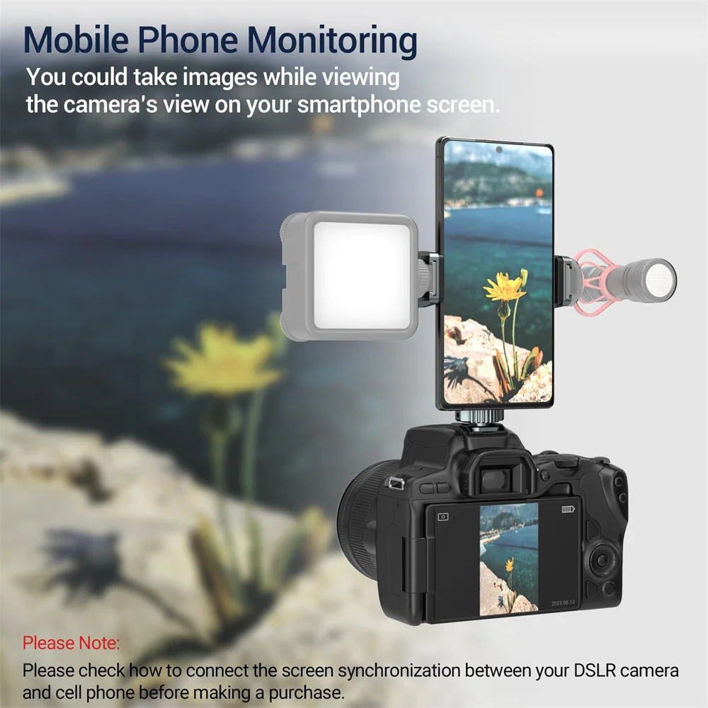 Uchwyt na telefon do kamery LEAPLIGHT z mocowaniem typu hot shoe, adapter do monitora i statywu z gwintem 1/4 / zimną stopką do iPhone 16 15 14 13 12 Samsung, mikrofonu i lampy — zdjęcie produktu 3