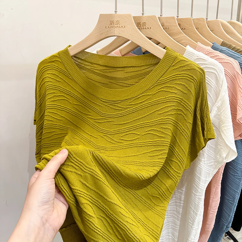 حجم كبير المرأة فضفاضة التخسيس الجولة Ne الجليد الحرير ort Sve تي شيرت صيف جديد Sle Batwing Sve العصرية #1