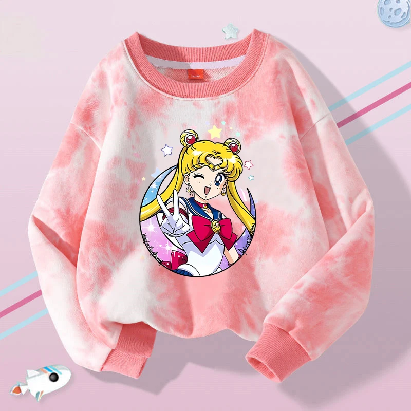 Sailor Moons für Mädchen Sweatshirt Kleidung Anime Cartoon Kawaii Tie-Dye Pullover Langarm Geburtstagsfeier Urlaub Kindergeschenke