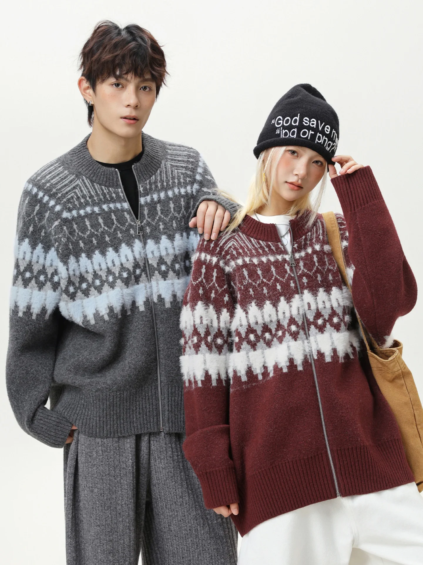 

Вязаный кардиган Fair Isle, мягкий искусственный мех норки, большой пуловер для пар, унисекс, уютный зимний свитер, повседневный топ с длинными рукавами, верхняя одежда