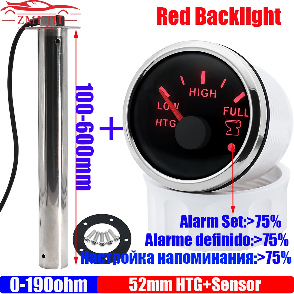 52mm Sewage Level Gauge+Level Sensor 0-190 OHM Holding Tank Gauge with Alarm Red LED Waste Level Meter Indicator 12V24V Custom