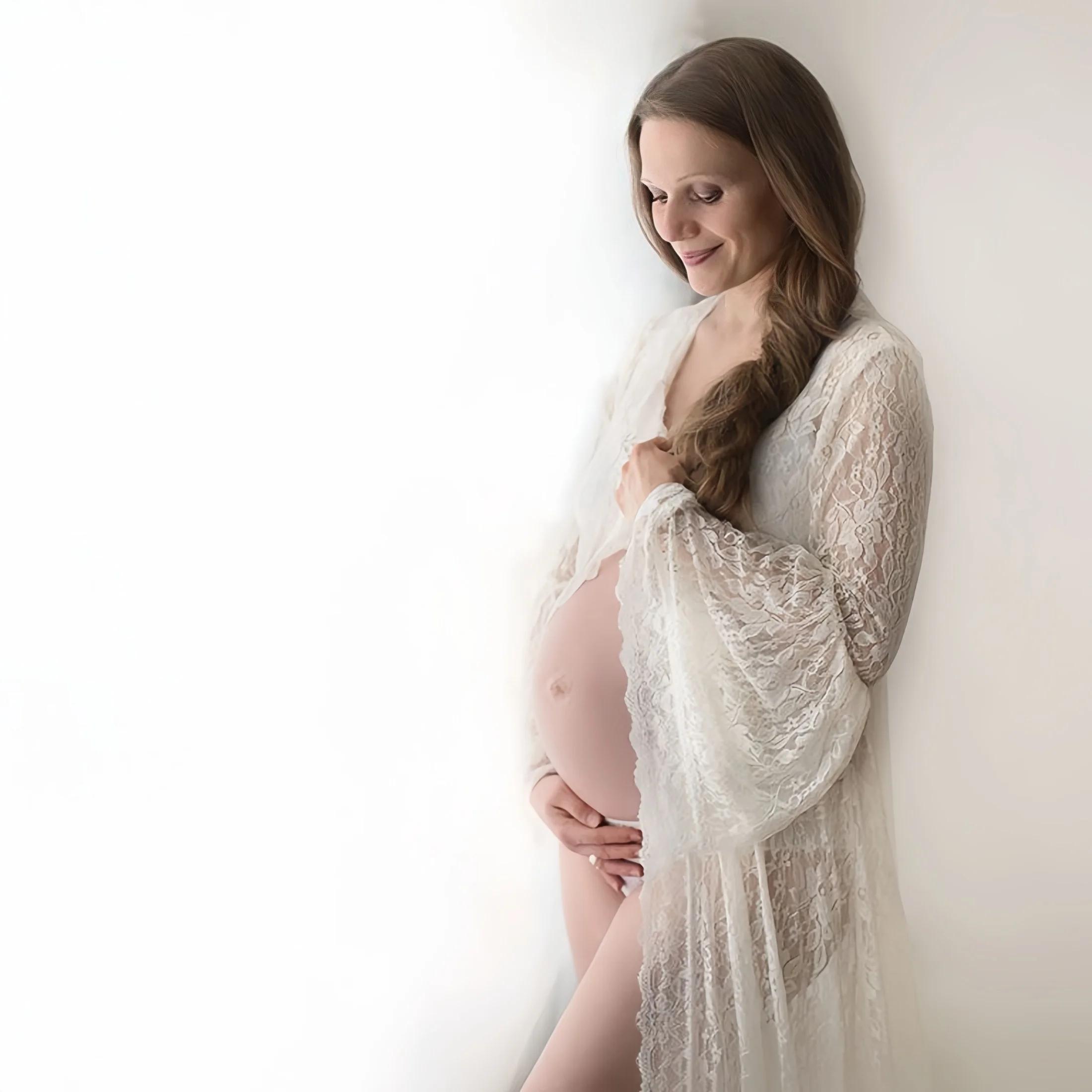 White Lace Maternity Photography Props Long Dresses Flare Sleeve See Through Lace Pregnant Woman Maxi Dress Long Carigan