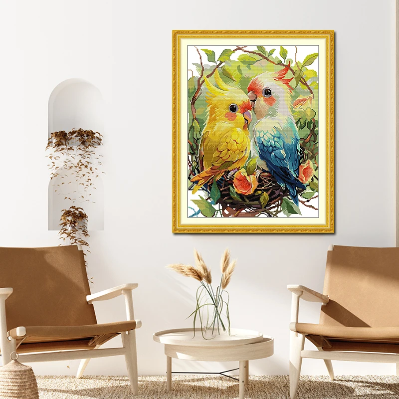 Joy Sunday Cross Stitch Kits A Pair Of Parrots HD Pattern Aida 16CT 14CT 11CT Counted Printed Fabric DIY Embroidery Sewing Sets