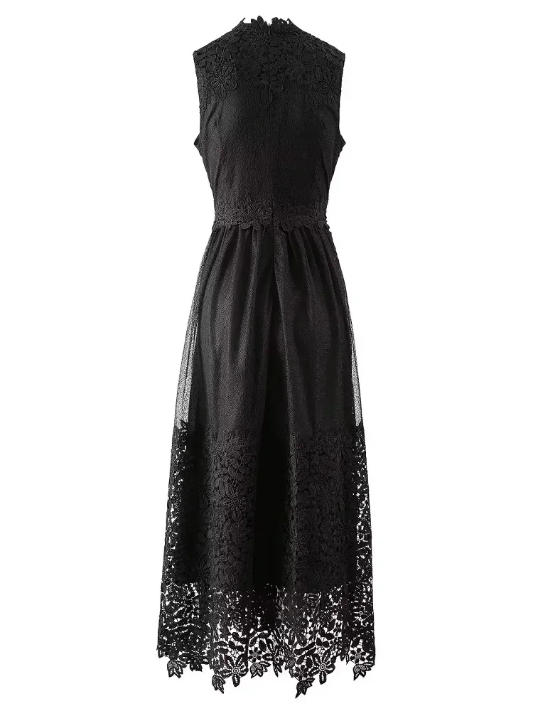 Black Long Dress 2024 Spring Party Evening Vestidos Women Lace Embroidery Patchwork Sleeveless Slim Fit & Flare Dress Elegant