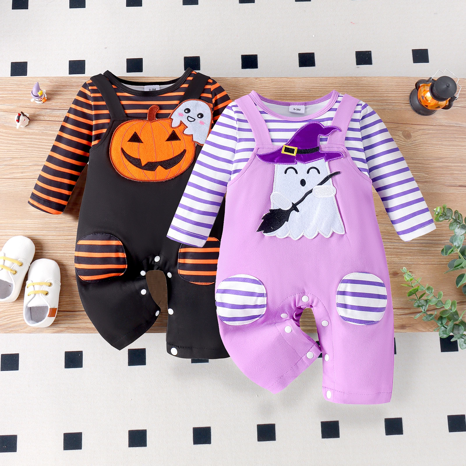 بذلة دمية هالوي مخططة بأكمام طويلة للأولاد والرضع ، مريحة ، رقبة مستديرة ، كاجوال ، خريفي ، بعمر 0-1 سنة