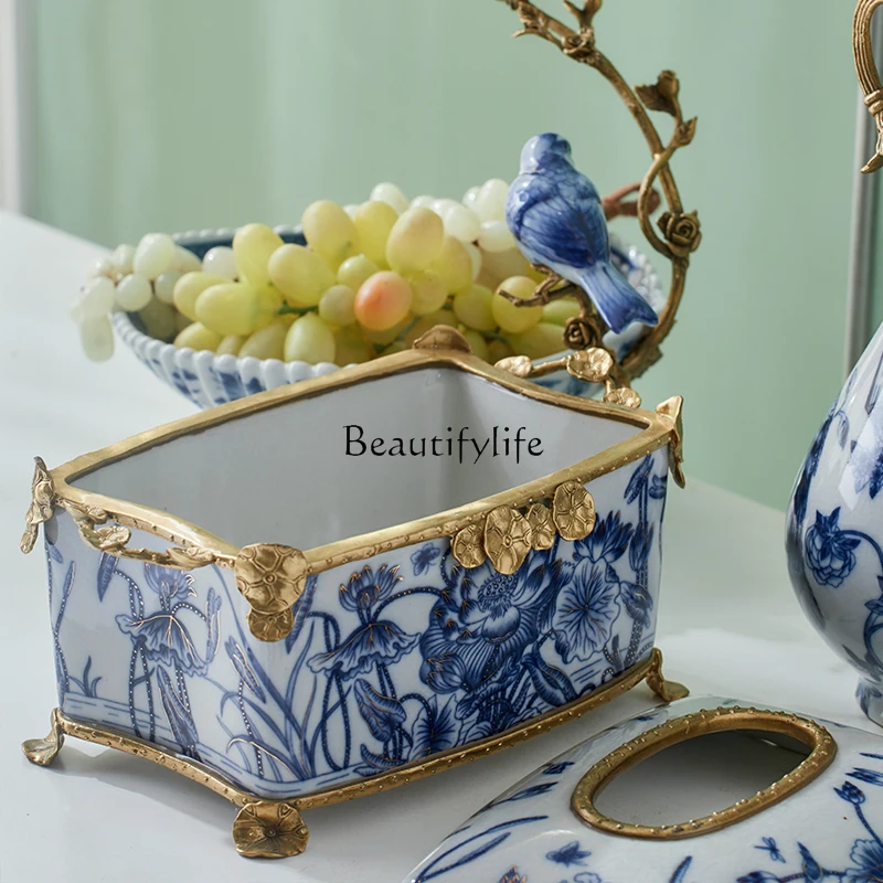 French Chinese style ceramic inlaid copper blue and white porcelain vase flower and bird tissue box living room