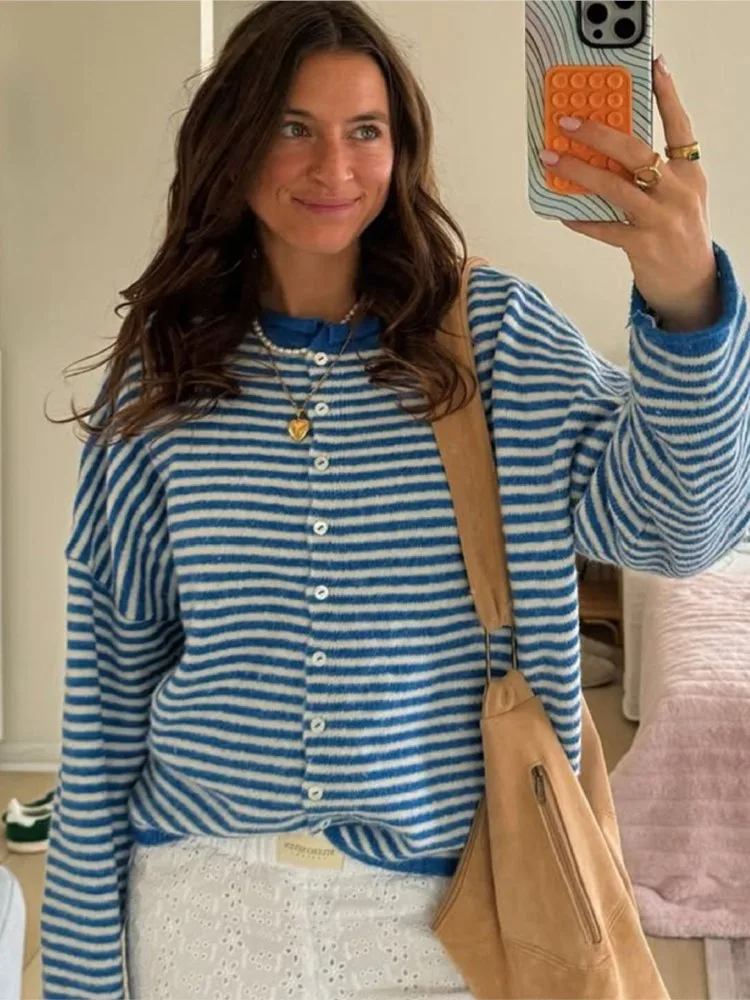 

New 2025 Women Autumn Winter Sweaters O-neck Stripe Knitted Cardigan Fashion Long Sleeve Casual Tops Knitted Long Sleeve Sweater