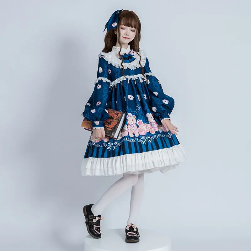 Vestido de enfermeira Lolita com laço laço e urso impressão, Vestido Kawaii, Manga comprida, Doce e fofo, Lolita, Gêmeos OP