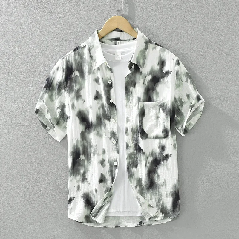 Stylish Japanese Style Cotton Linen Print Short-Sleeved Shirt for Men Chemise Homme 한국인후기많은옷 TS-804