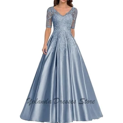 Fashion V Neck Mother of The Bride Dresses Applique Zipper Back Half Sleeves Formal Evening Gown Floor Length Illusion Sweep