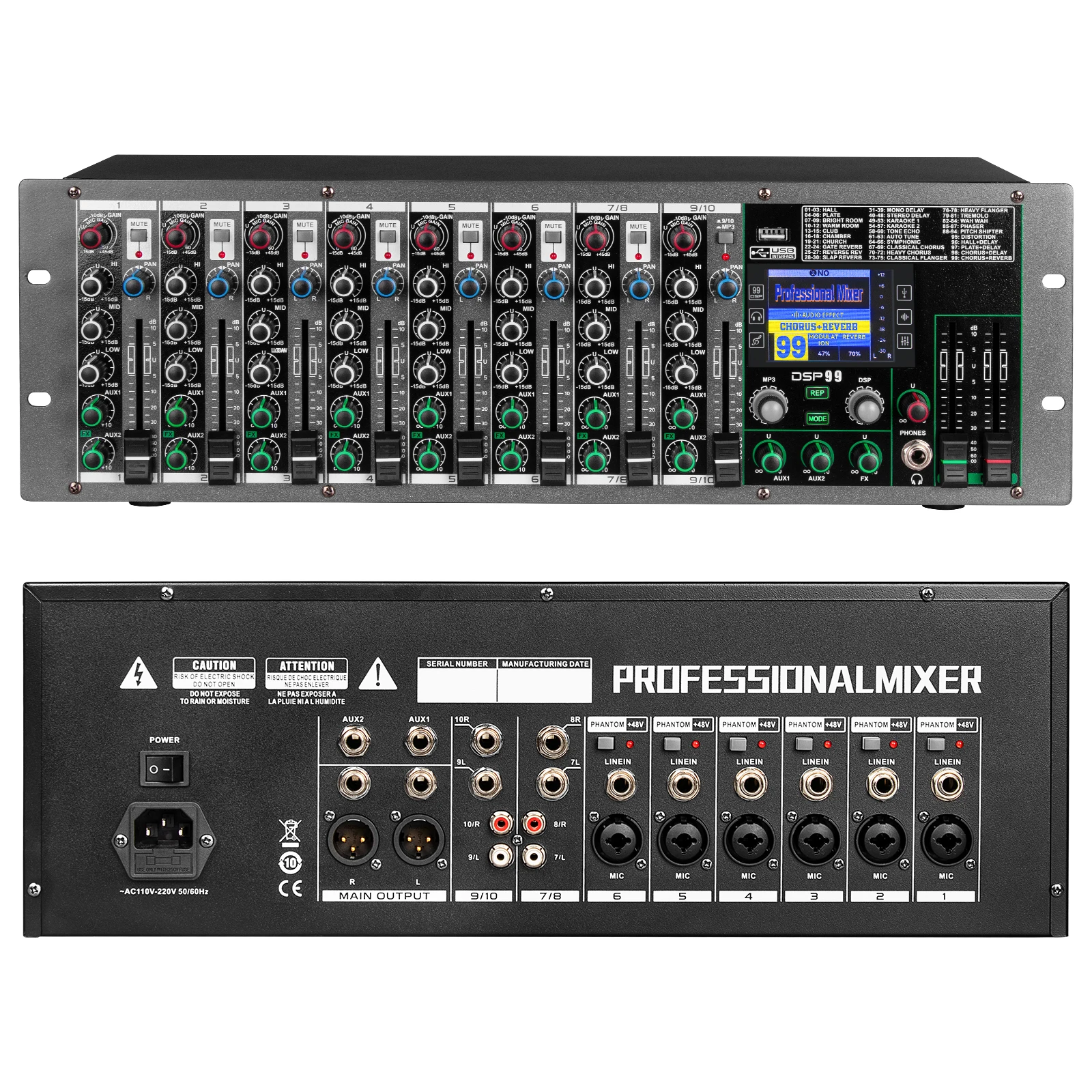 Professional 10-channel rack mixer, supporting Bluetooth wireless transmission, USB internal recording and 99 DSP reverberation