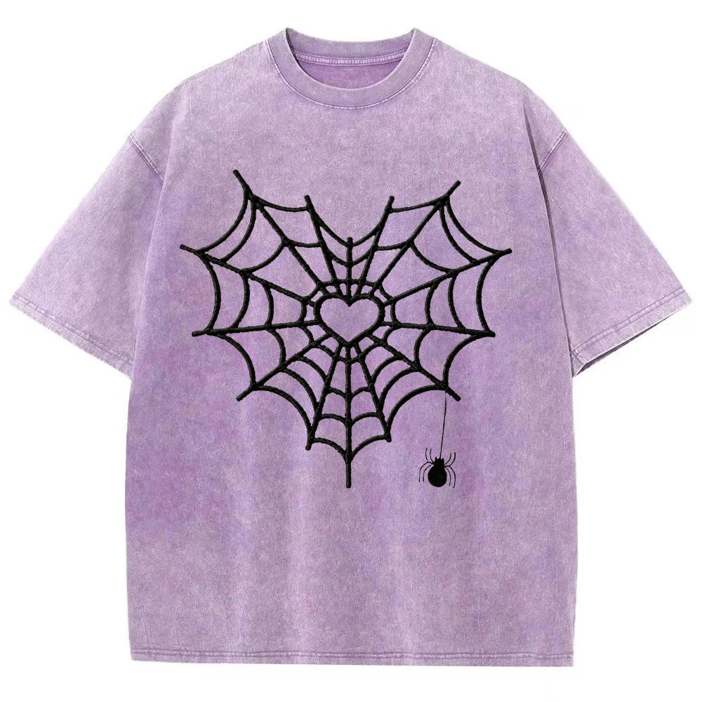 Women Halloween Spider Web Heart Graphic Print Vintage Washed Short Sleeve T Shirt Crew Neck Casual Oversized Purple Top