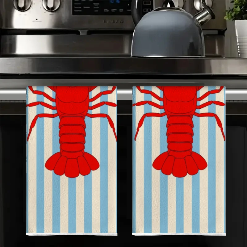 2Pcs, Red Lobster Striped Kitchen Towels, 40Cm*60Cm Towel Set, Best Kitchen Towels, Super Absorbent Soft Cleaning Cloth, Cooking and Baking Tea Towel, Hand Towel, Cleaning Cloth, Dishcloth, Kitchen Decoration, Living Room Decorations, Kitchen Essentials, Home Essentials