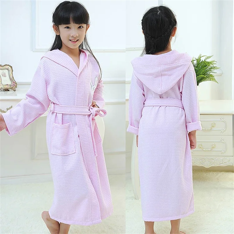 Wholesale Blue Pink White Long Sleeve Waffle Bath Robe Sleepwear Kids Children Hooded Bathrobe Summer Children Bathrobe