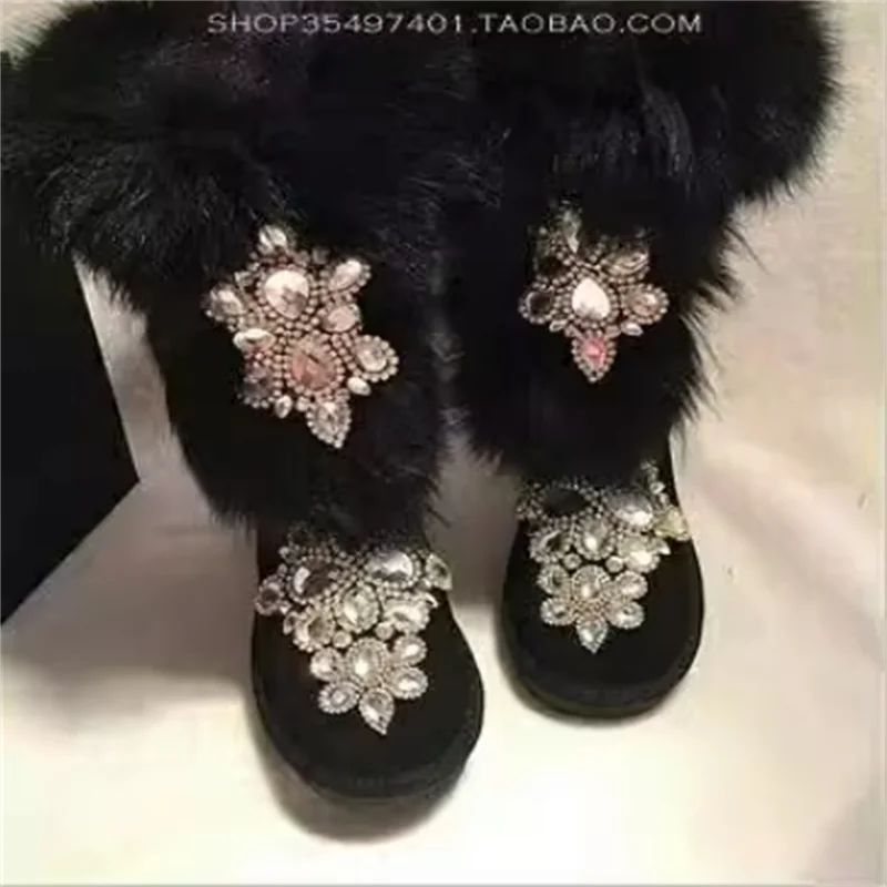 

Natural fox fur luxury rhinefin accessories custom tall female fur one warm large size cotton shoes 35-44