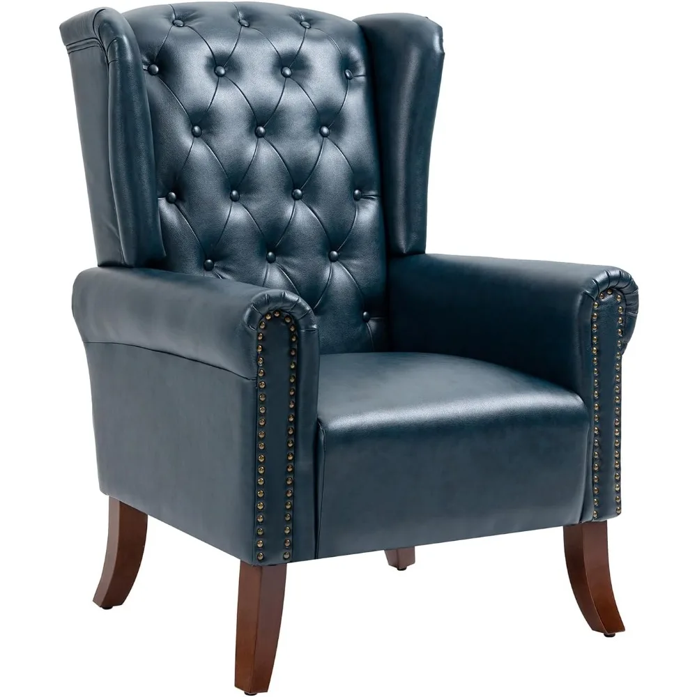 Modern PU Leather Accent Chair, Living Room Lounge Sofa Chair with Buttons, Single Club Armchair with Rivet Trim for Bedroom