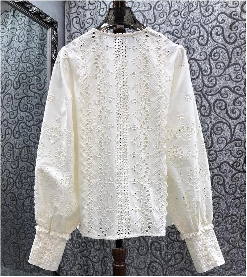 100%Cotton Shirts 2025 Spring Summer Blouses Women Allover Exquisite Flower Embroidery Long Sleeve Apricot Shirt Vintage Tops