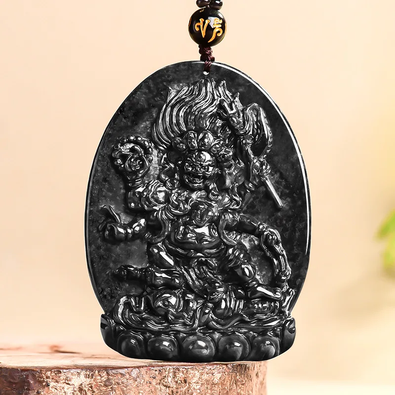

New Authentic Natural Myanmar A-Quality Jadeite "Wuji" Variety Six-Armed Mahakala Guardian Pendant Jewelry for Men and Women