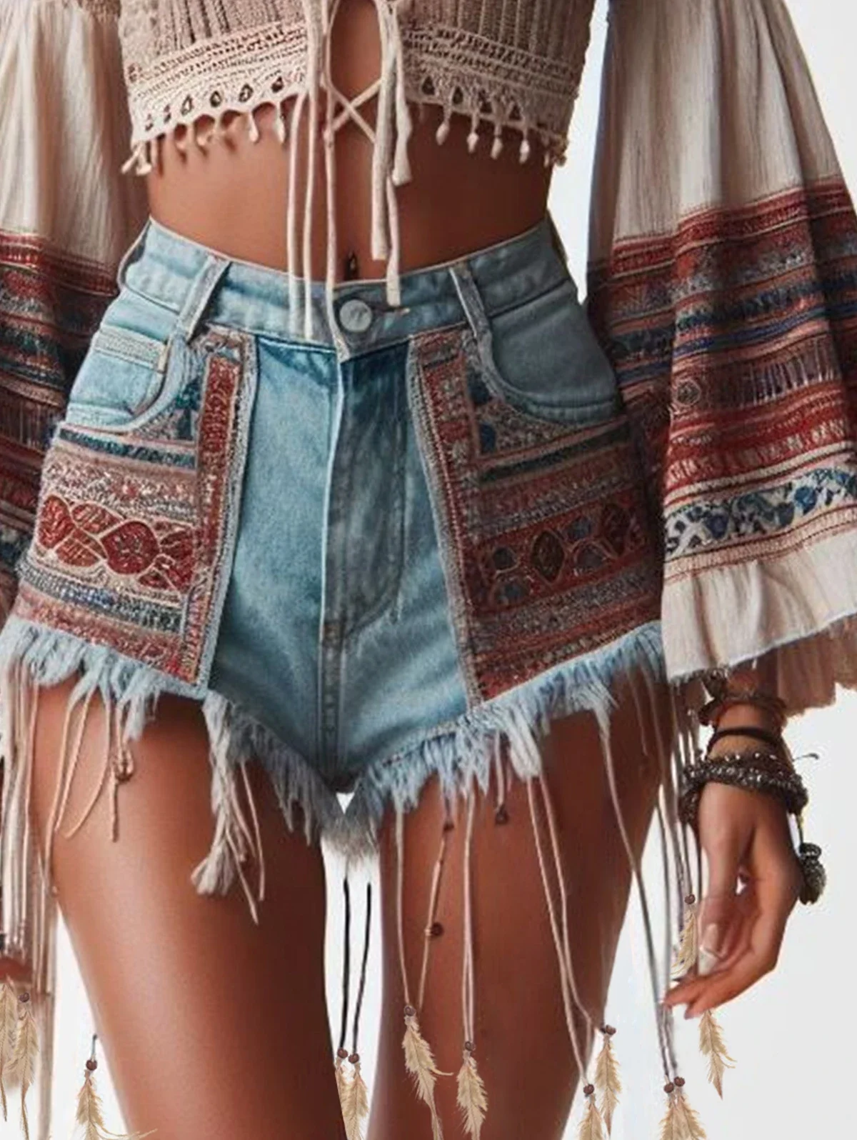 Denim Shorts Women Summer Fashion Bohemian Style Patchwork Raw Edge Tassel High Stretch High Waist Denim Shorts Women