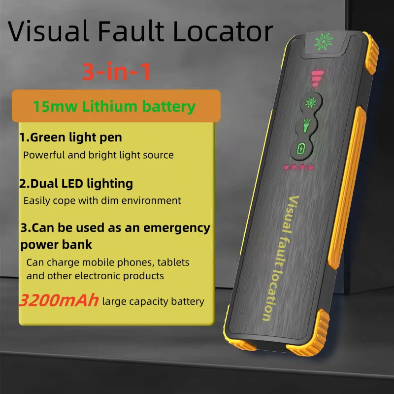 Fiber Optic Green Light Pen 15MW VFL 3in1 able Tester Rechargeable Visual Fault Locator 3200mAh SC/FC/ST with Double LED Light