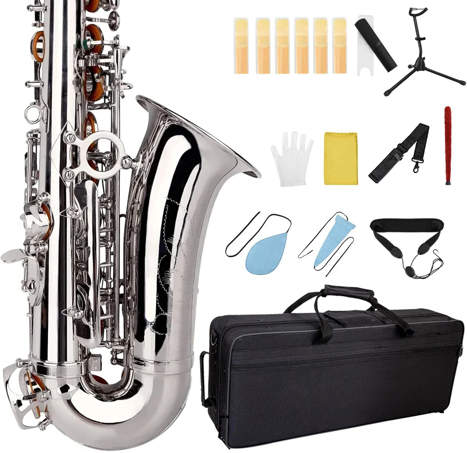 Silver Eb Alto Saxophone for Beginners Adults Brass E Flat Key Type Saxophone Woodwind Instrument with Case Strap Glove Parts