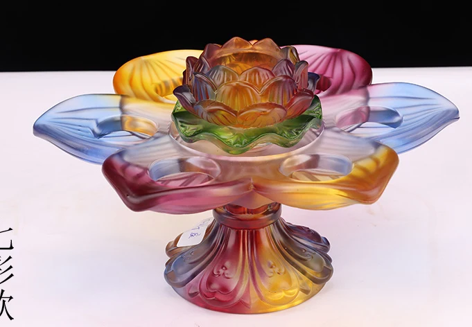 Wholesale Buddhist supplies # Large -Colored Glaze crystal Buddhist shrine Lotus Seven star lamp candlestick Lamp holder