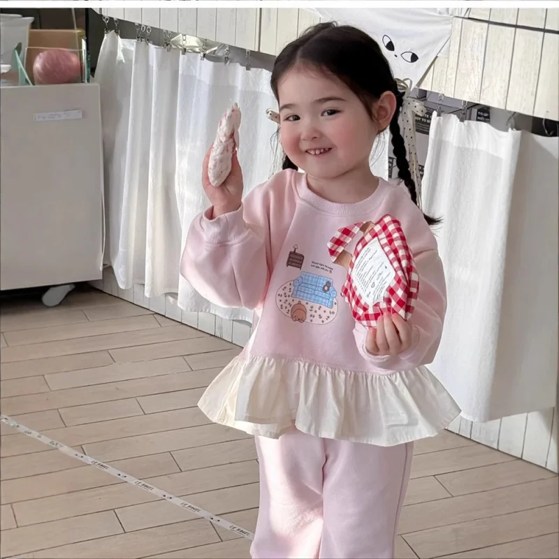

Korean Children's Clothing25Autumn New Style Girls' Cartoon Sweatshirt Bow Sweatpants Set Two-Piece Fashionable