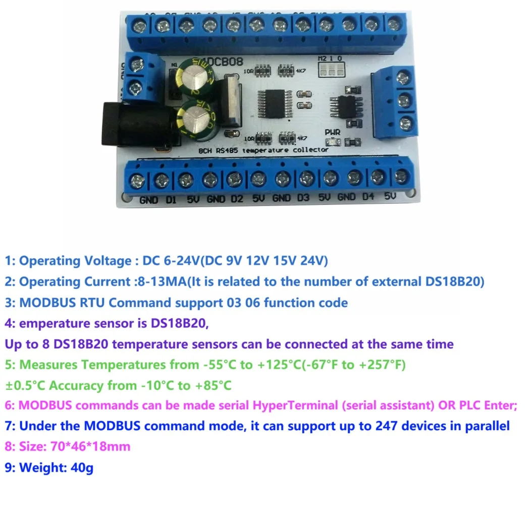 8 каналов постоянного тока 12 В DS18B20 RS485 Датчик температуры Монитор удаленного сбора Цифровой модуль термометра Конфигурация ПЛК 8 каналов постоянного тока 12 В DS18B20 RS485 Датчик температуры Монитор удаленного сбора Цифровой модуль термометра Конфигурация ПЛК