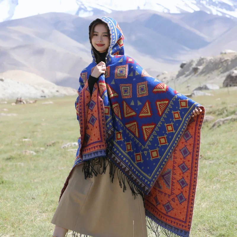 

Women's Bohemian Hooded Cape Scarf, Thick Faux Cashmere Poncho Wrap, Winter Warm Hooded Shawl