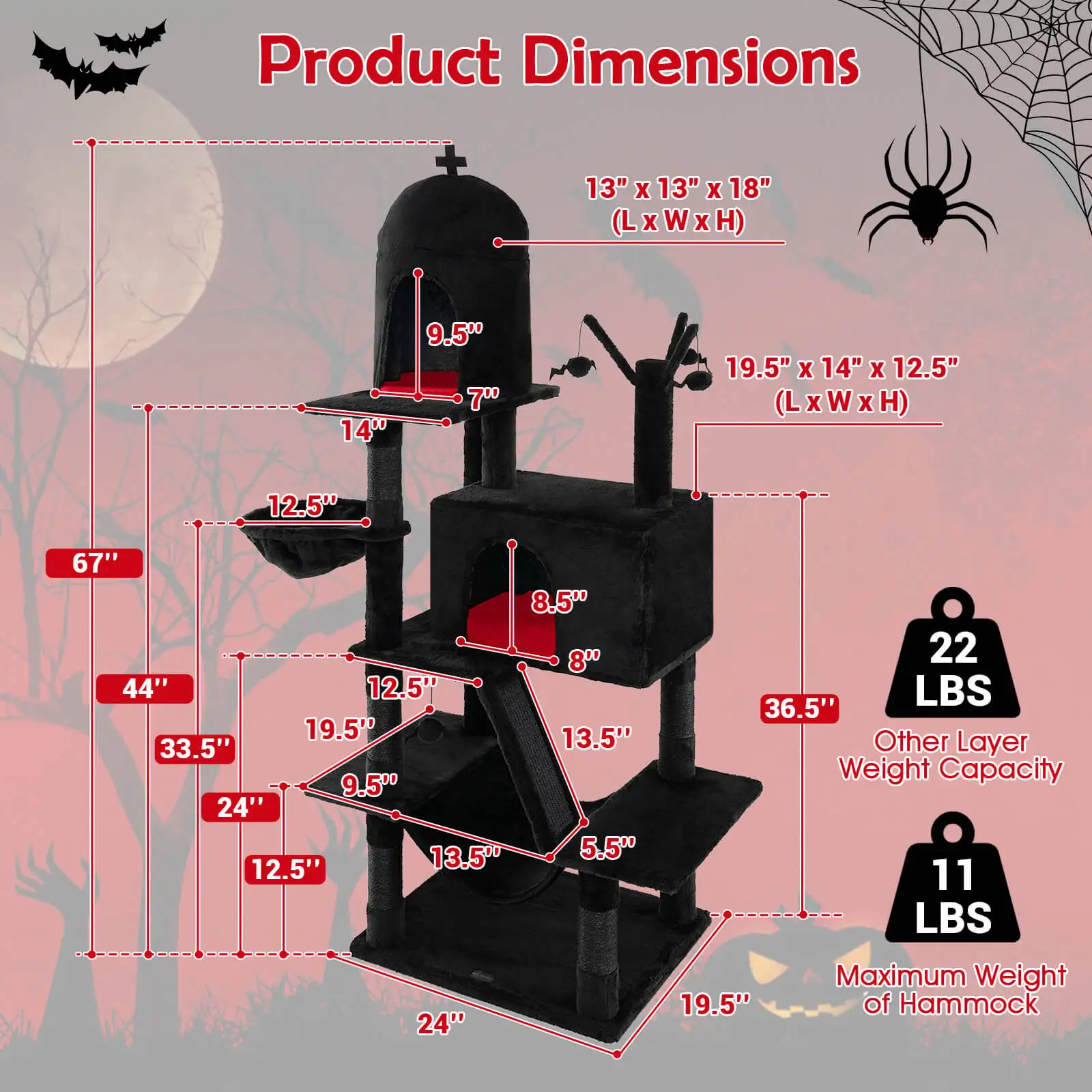 Gothic Cat Tree for Indoor Cats Black Large Cat Tower w/ 2 Cat Condos