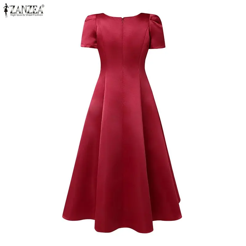 ZANZEA Elegant Women Wedding Party Dress Satin Silk Long Sundress Summer Short Sleeve Square Collar Sexy Solid Color Vestidos