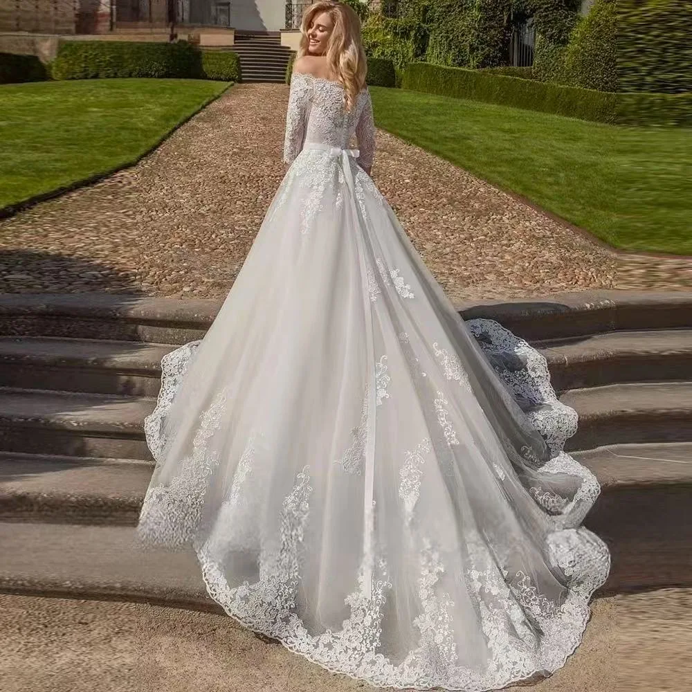 Aangepaste A-lijn gewaden boothals kant trouwjurken halve mouwen bruidsjurken met riem applicaties vestidos de novia,