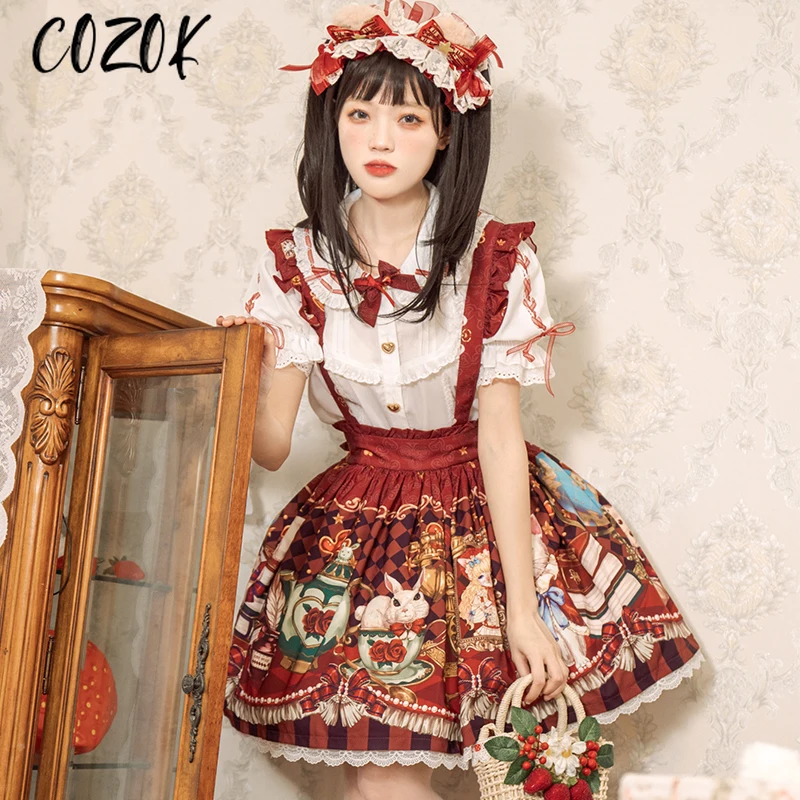 Sweet Retro Manor Style Sk Lolita Girl Cosplay Cute Loli Tea Party Print Bear Flower Rabbit Book Cat Bow Lace Ruffled Skirt