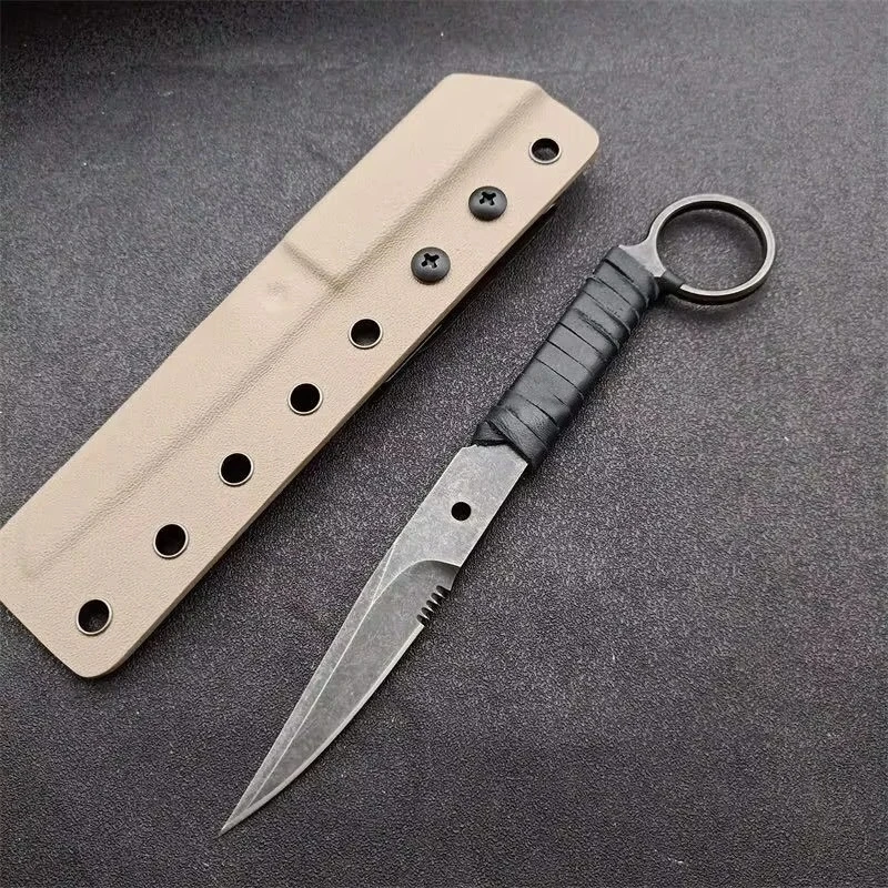 Outdoor EDC Fixed Blade Knife, Full Tang Stonewashed Steel, Built-in Pinky Ring, PU Leather Wrapped Handle Utility Camping Tool
