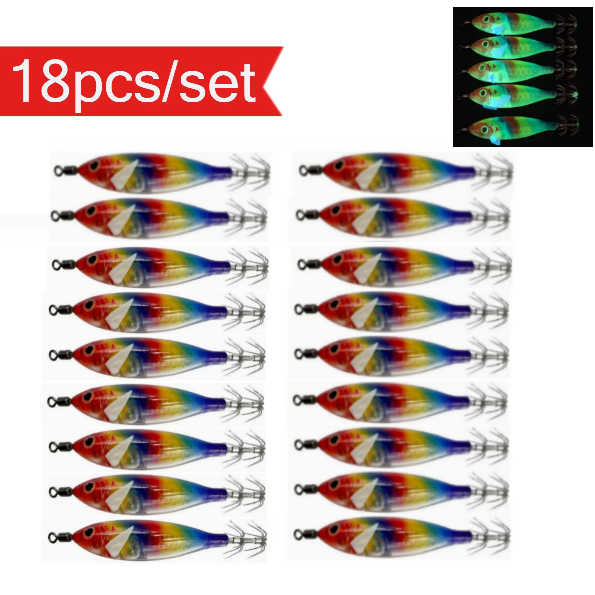 18 Stück/Set Leuchtender Tintenfisch-Jig 8cm/5,7g Garnelen-Angelköder Haken Meeresfischerei-Zubehör Künstlicher Köder Oktopus-Köder