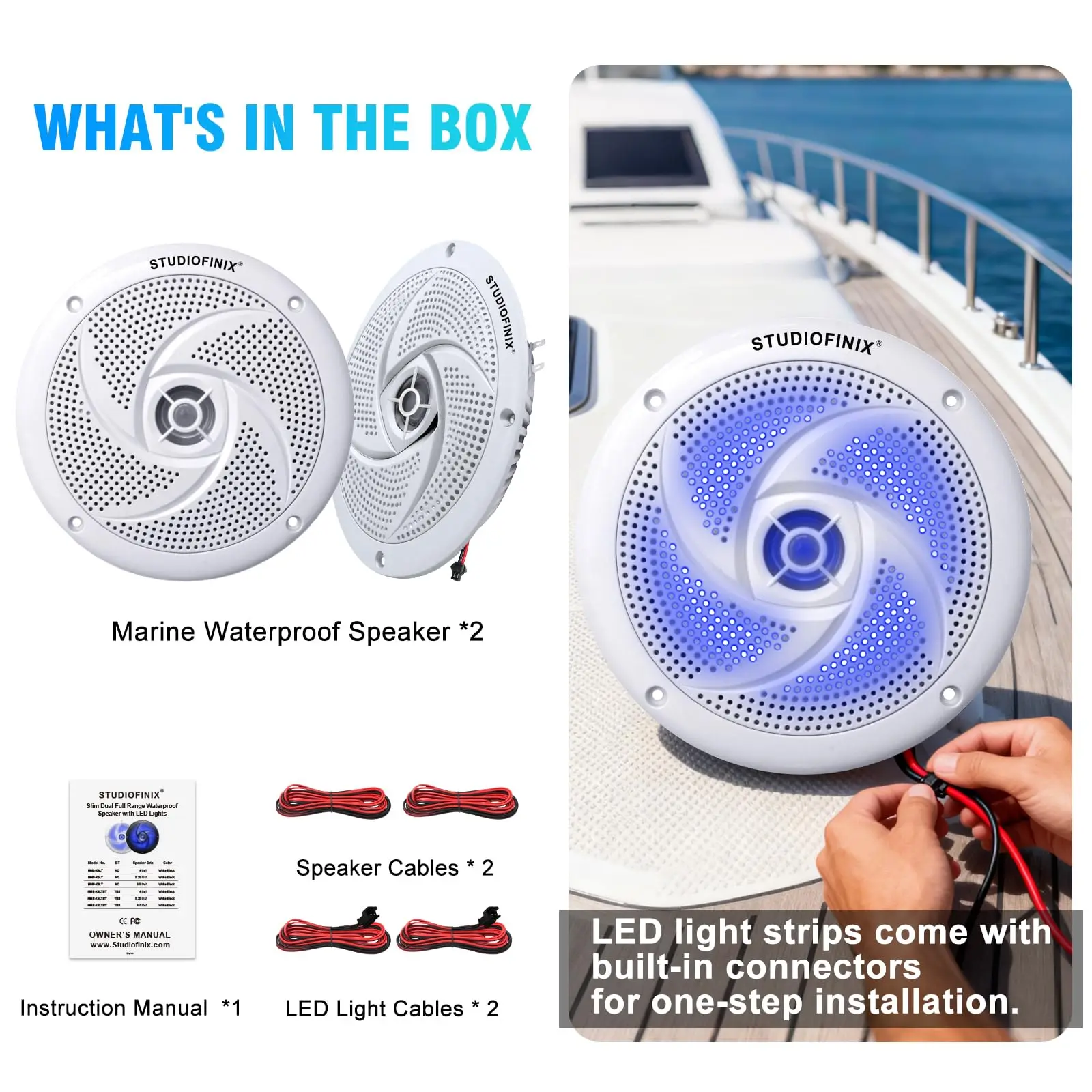 STUDIOFINIX 5,25" 160W waterdichte scheepsluidsprekers met LED-verlichting, 2-weg buiten coaxiaal voor boot, camper, UTV, golfkar (2-pack)