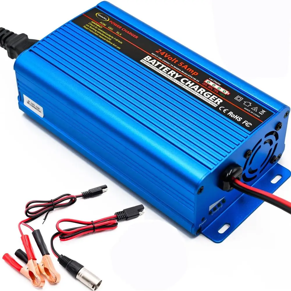 

24Volt Battery Charger Smart Fully Automatic Battery Charger Maintainer Trickle Charger 5A 3-pin XLR Alligator Connector with I/