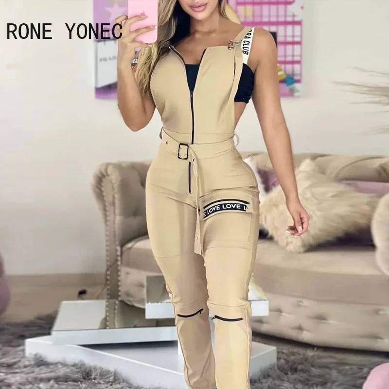 Women Solid Elegant Letter Decoration Sashes Zipper Pocket Bodycon Casual Overall Jumpsuit