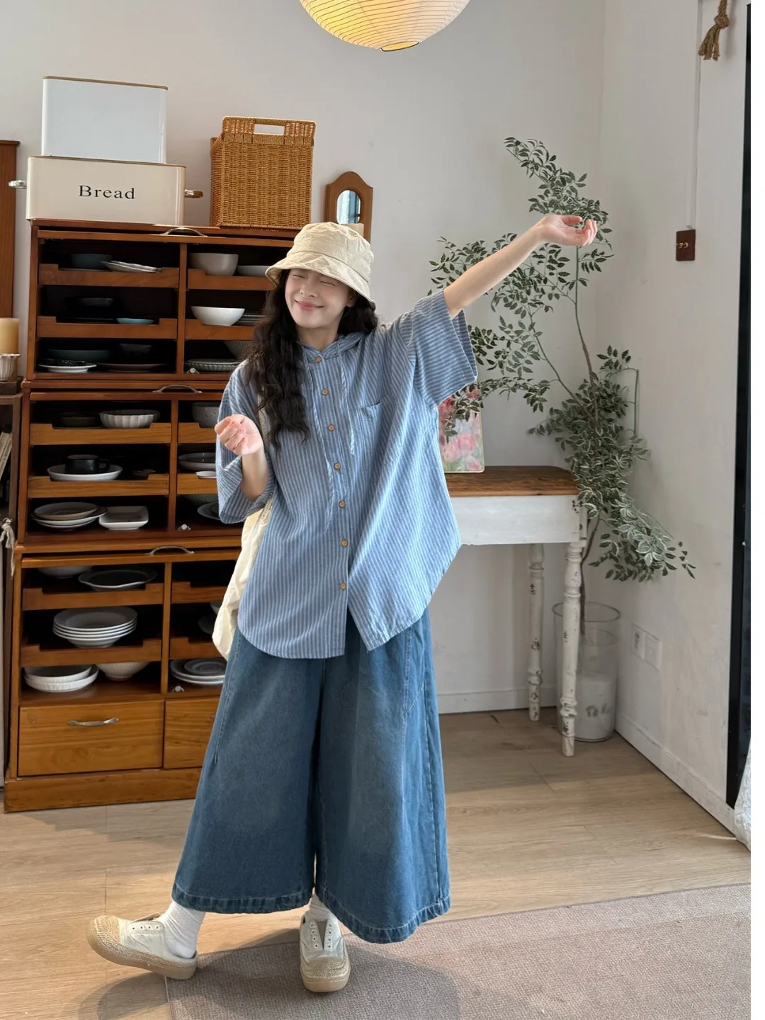 

plus Size Women's Casual Striped Denim Shirt with Hood High Waist Wide Leg Pants Summer Fashion Set Korean Style Short Sleeve