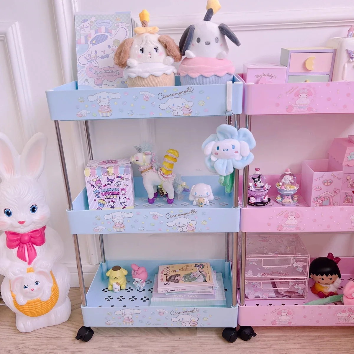 Cinnamoroll My Melody Hello Kitty Cartoon Cute Three-Tier Floor Rack Anime Sanrioed Kawaii Small Cart Bathroom Storage Shelf