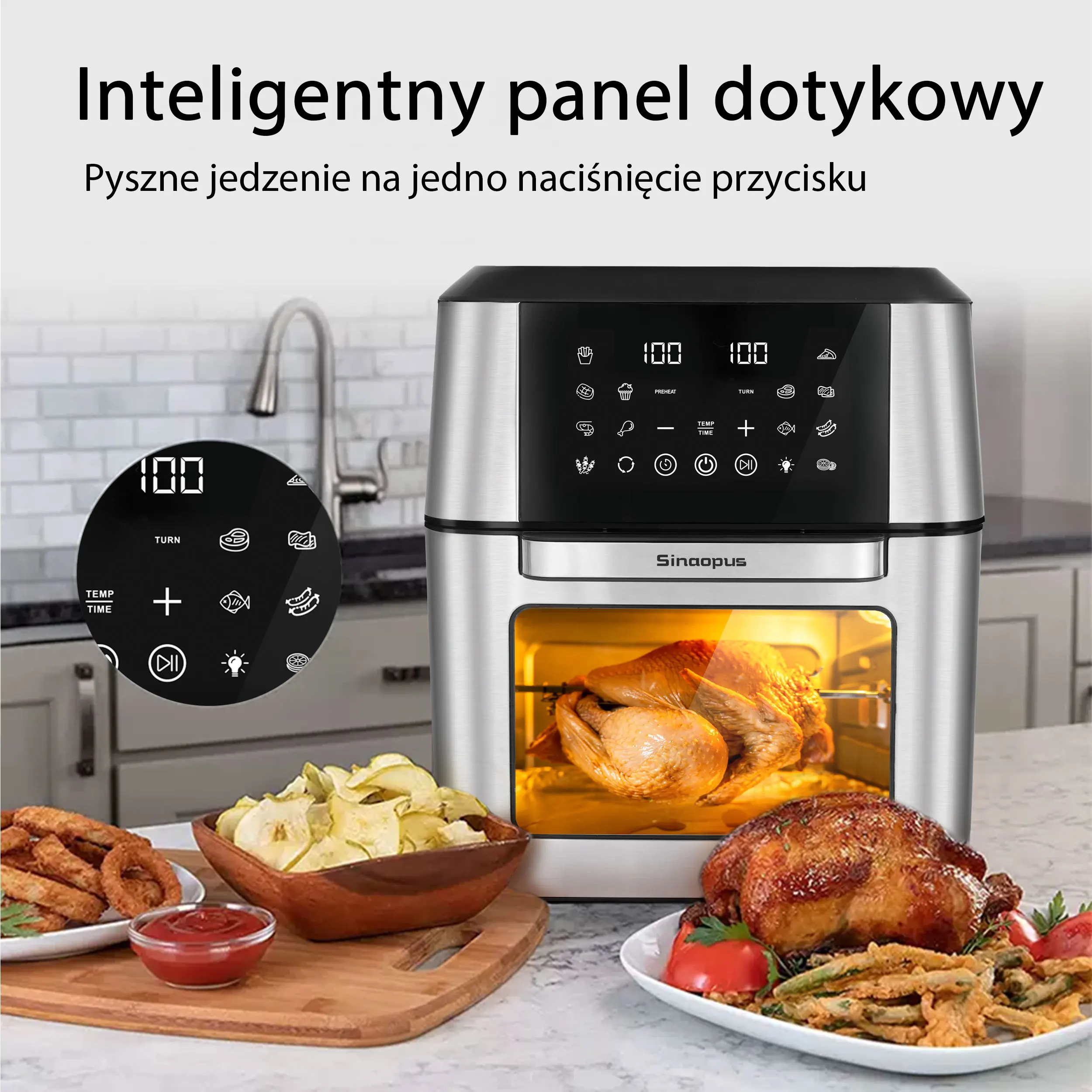 Sinaopus Heißluftfritteuse 12L Fettfreie Fritteuse Mini-Ofen – Intelligenter Multifunktionskocher, Ölfreies Kochen, Sichtfenster aus Glas, LED-Touch-Steuerung, XXL-Kapazität