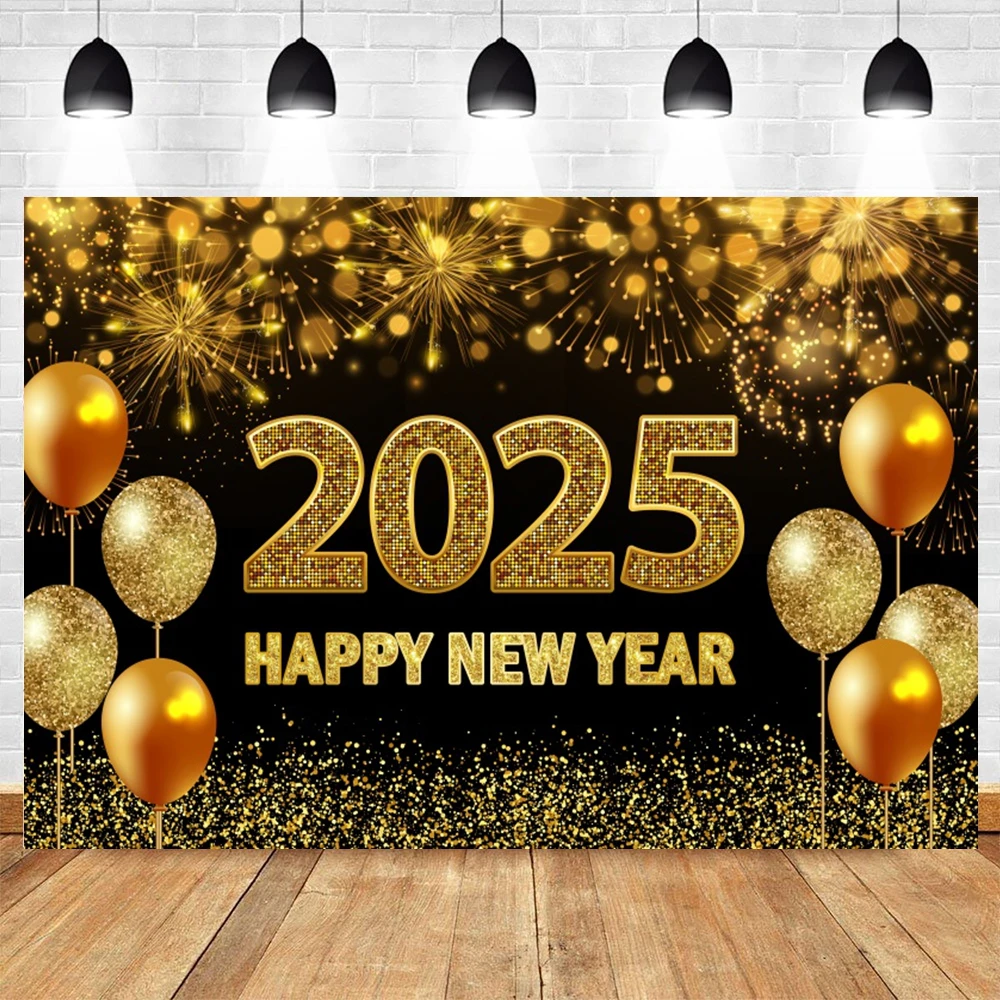 2025 سنة جديدة سعيدة خلفية الذهبي بريق بالونات ساعة الألعاب النارية الأسرة الطرف الديكور التصوير خلفية صور الدعائم