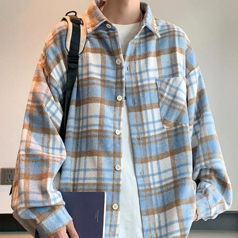 

EBAIHUI Spring Autumn Plaid Long Sleeve Shirt Casual Japanese Men Blouse Korean Loose Collar Versatile College Style Blusas