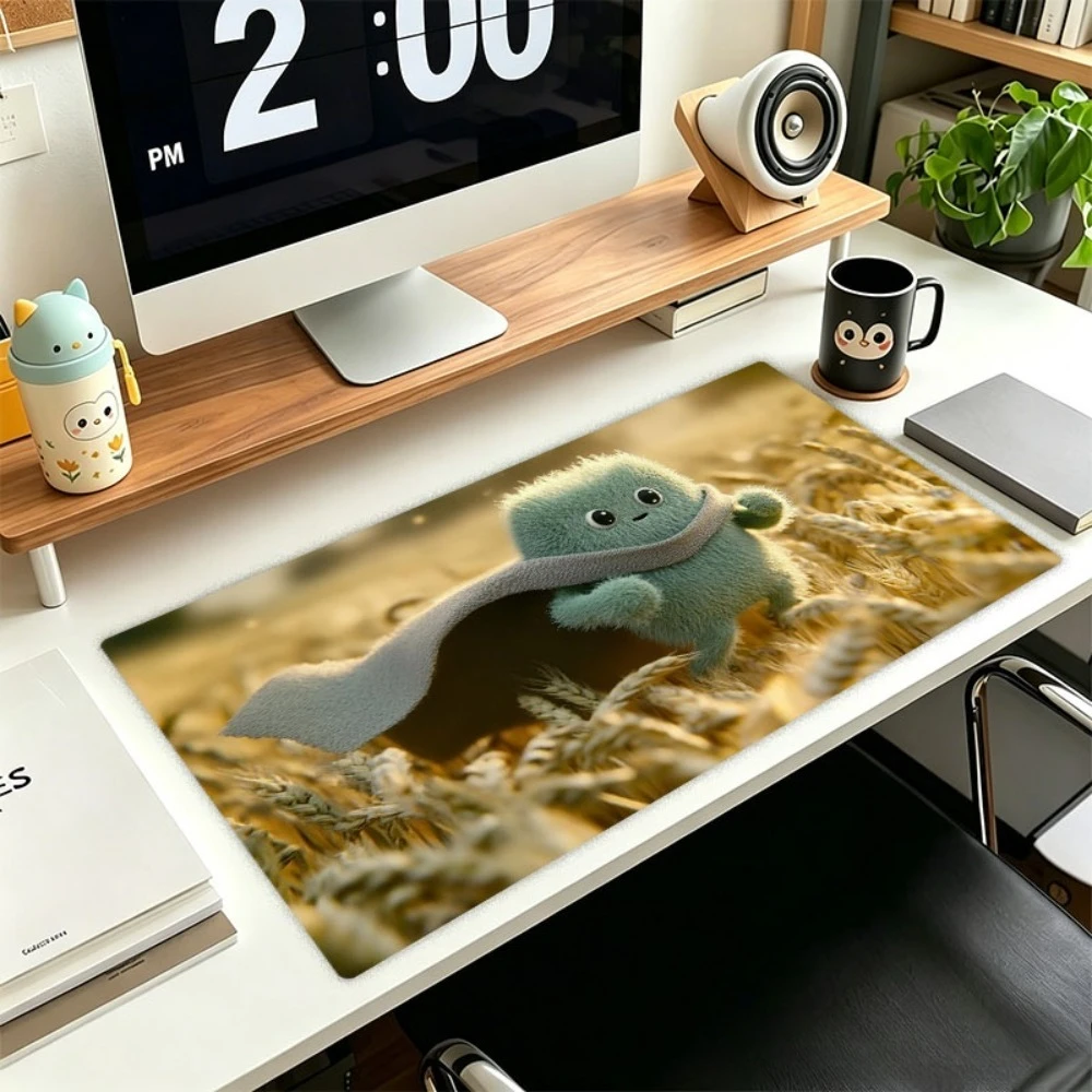 Cute fluffy blue-green printed table mat with a fun wheat field design, a non-slip mouse pad alfombrillas gaming tapis de souris