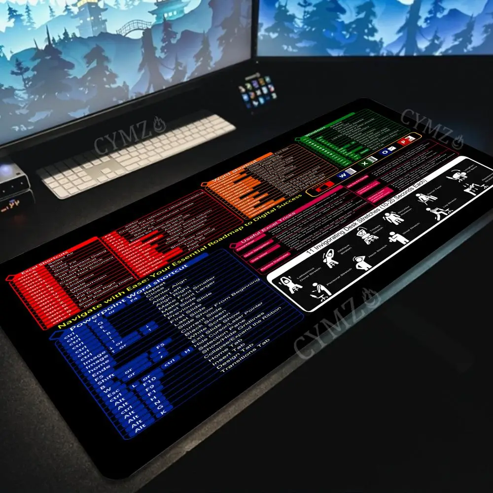 مفاتيح اختصار برامج المكتب، لوحة ماوس كبيرة، حصيرة مكتبية غير قابلة للانزلاق، حافة مخيطة متينة، حصير طاولة اختصار Excel، لوحة ماوس مكتبية