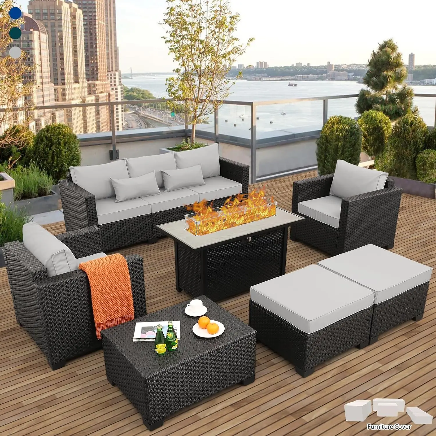 45in Fire Pit Patio Set 7pc Propane 60000 BTU Sofa Chairs Anti-slip Cushions Waterproof Covers Grey, Customized