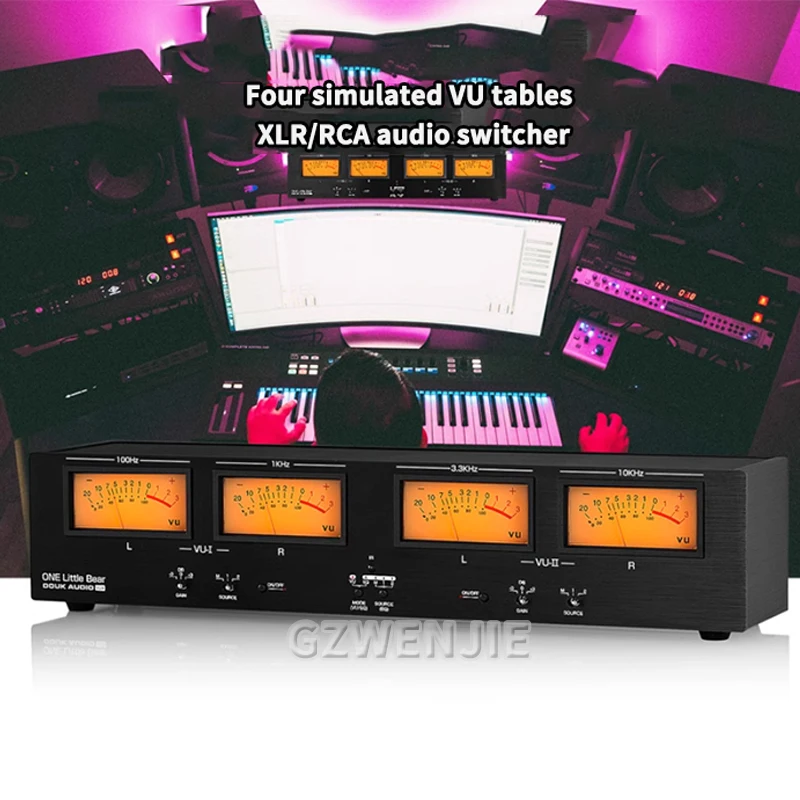 Four Analog VU Meter DB Panel Display 4-way Amplifier / Speaker Audio Switcher Box Selector Music Spectrum Visualizer